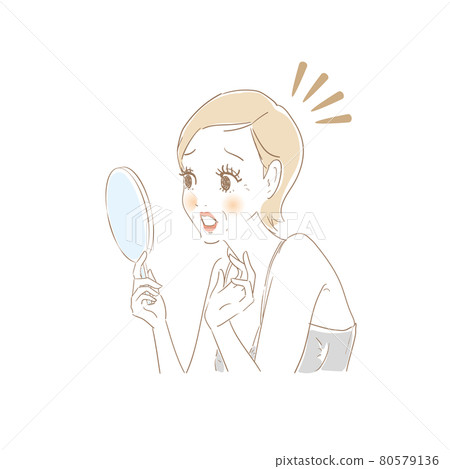 Woman checking skin with mirror Woman checking skin with mirror 80579136