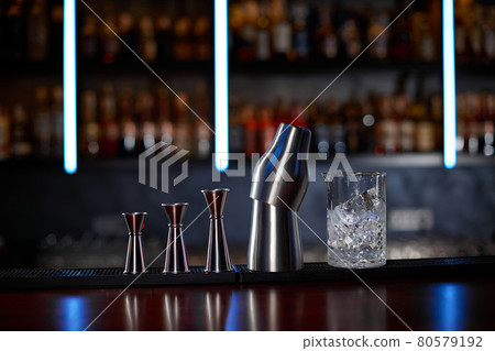 different bar steel tools for preparation cocktails 80579192