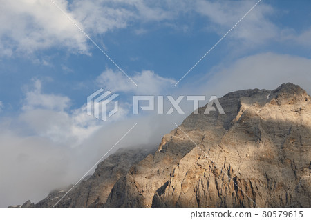 Albanian mountain ridge at sunset in Valbone valley 80579615