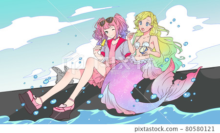 一個女孩和一條美人魚在堤岸上吃冰淇淋的插圖 80580121