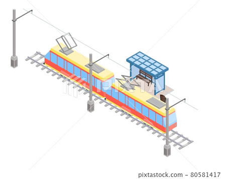Tram stop and old city transport. isometric style Tram stop and old city transport. isometric style 80581417