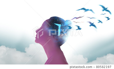 Mental Health, Freedom, Imagination and Creativity Concept. Silhouette photo of Woman combined with shape of Opened Door and Birds. Positive Mind, Peaceful, Enjoying and Life Philosophy.Space Element 80582197
