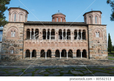 Greece, Lake Kerkini, rear of the orthodox church of the Timios Prodromos monastery Greece, Lake Kerkini, rear of the orthodox church of the Timios Prodromos monastery 80582313