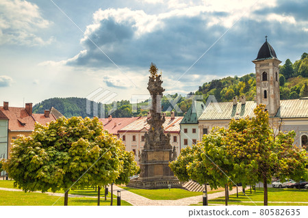 Main square with Plague column in Kremnica, important medieval m 80582635