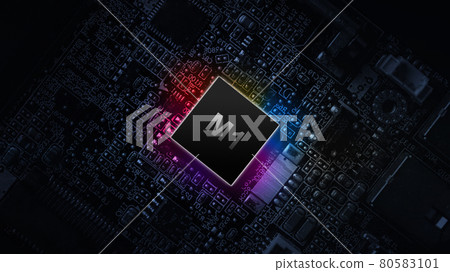M1 processor chip. Digital computer processor, network motherboard chip on dark technology background. Modern technologies concept. 80583101