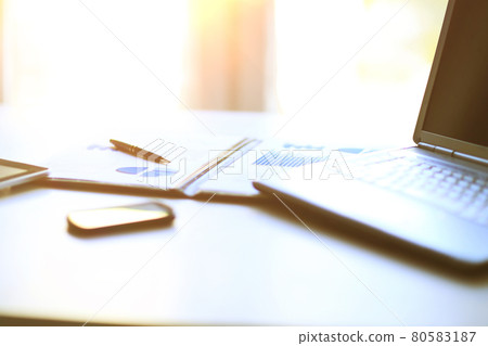 Analysis of graphics and calculations on a laptop with documents in the office Analysis of graphics and calculations on a laptop with documents in the office 80583187