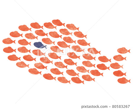 Illustration, flock, large group of small fish gathering to look like a big fish Illustration, flock, large group of small fish gathering to look like a big fish 80583267