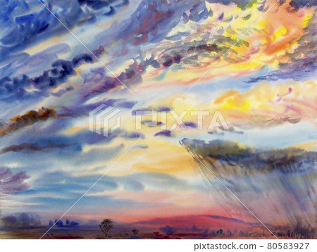 Watercolor painting landscape of rain on cornfield 80583927