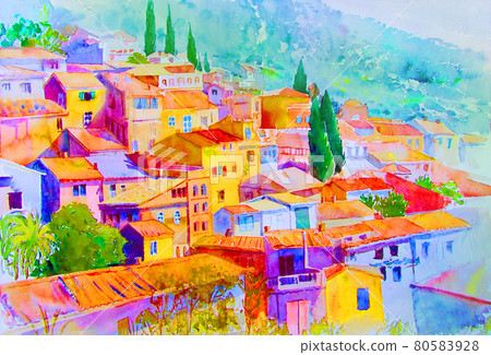 Watercolor paintings of village view on mountain. Watercolor paintings of village view on mountain. 80583928