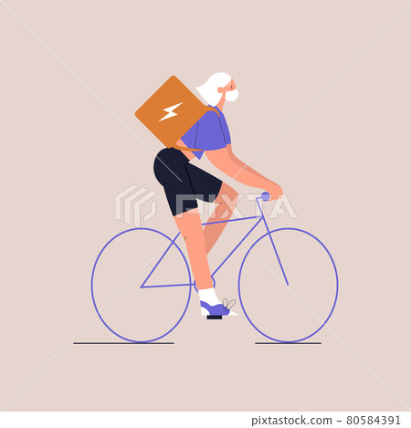 Cartoon feminine courier in a medical mask with a box on his back rides a bicycle. Eco-friendly urban transport. Lifestyle after quarantine. Vector flat illustration. Eps 10. Cartoon feminine courier in a medical mask with a box on his back rides a bicycle. Eco-friendly urban transport. Lifestyle after quarantine. Vector flat illustration. Eps 10. 80584391