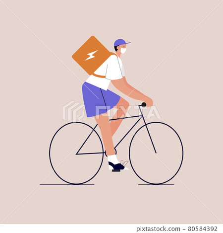 Cartoon courier in a medical mask with a box on his back rides a bicycle. Eco-friendly urban transport. Lifestyle after quarantine. Vector illustration in flat style on isolated background. Eps 10. Cartoon courier in a medical mask with a box on his back rides a bicycle. Eco-friendly urban transport. Lifestyle after quarantine. Vector illustration in flat style on isolated background. Eps 10. 80584392