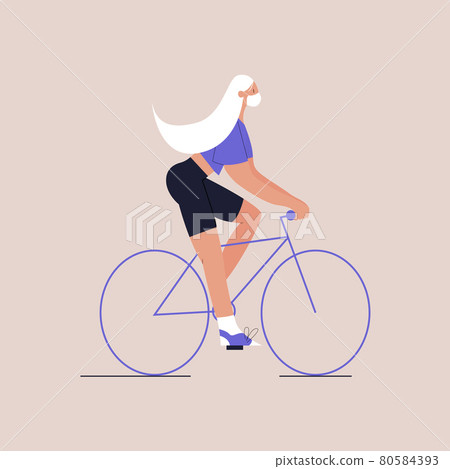 A cartoon girl in medical face mask is riding a bicycle. Eco-friendly urban transport. Lifestyle after quarantine. Vector illustration in a flat style on an isolated background. Eps 10. A cartoon girl in medical face mask is riding a bicycle. Eco-friendly urban transport. Lifestyle after quarantine. Vector illustration in a flat style on an isolated background. Eps 10. 80584393