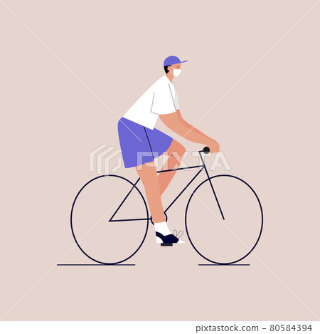 A cartoon guy in medical face mask is riding a bicycle. Eco-friendly urban transport. Lifestyle after quarantine. Vector illustration in a flat style on an isolated background. Eps 10. A cartoon guy in medical face mask is riding a bicycle. Eco-friendly urban transport. Lifestyle after quarantine. Vector illustration in a flat style on an isolated background. Eps 10. 80584394