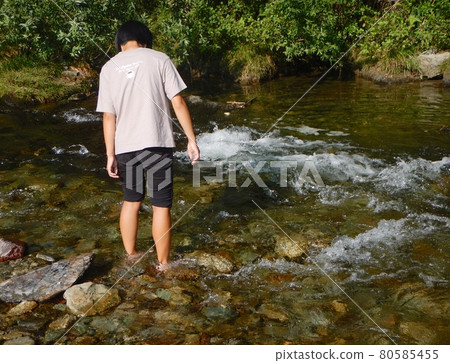 Cool down on the riverbank of the campsite Cool down on the riverbank of the campsite 80585455