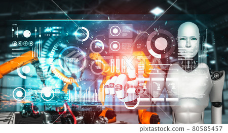 Mechanized industry robot and robotic arms for assembly in factory production . Mechanized industry robot and robotic arms for assembly in factory production . 80585457