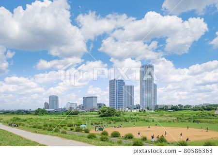 Skyscrapers of Futakotamagawa seen across the Tama River green area Skyscrapers of Futakotamagawa seen across the Tama River green area 80586363