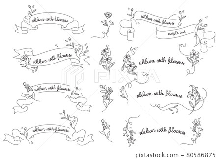 Hand drawn line drawing ribbon and flower and frame frame vector illustration material set 80586875