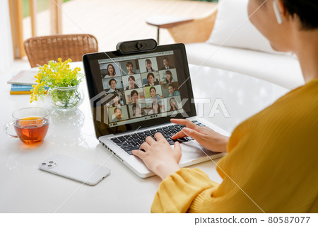 Up the hands of a young woman having a web conference using a laptop in the living room 80587077