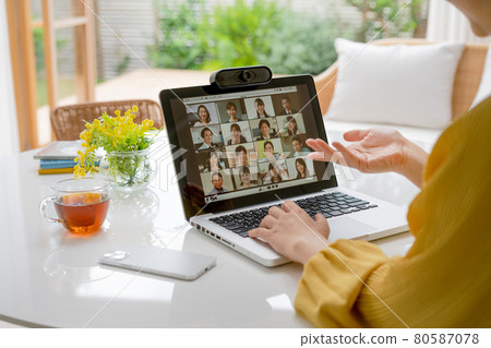 Up the hands of a young woman having a web conference using a laptop in the living room 80587078