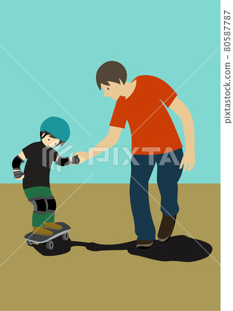 Illustration of a child practicing skateboarding wearing a helmet and protector and a man supporting him together Illustration of a child practicing skateboarding wearing a helmet and protector and a man supporting him together 80587787