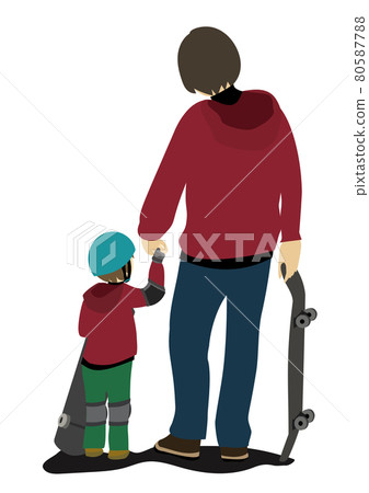 Illustration of a parent and child going to practice while holding hands with a child holding a skateboard wearing a helmet and supporters Illustration of a parent and child going to practice while holding hands with a child holding a skateboard wearing a helmet and supporters 80587788