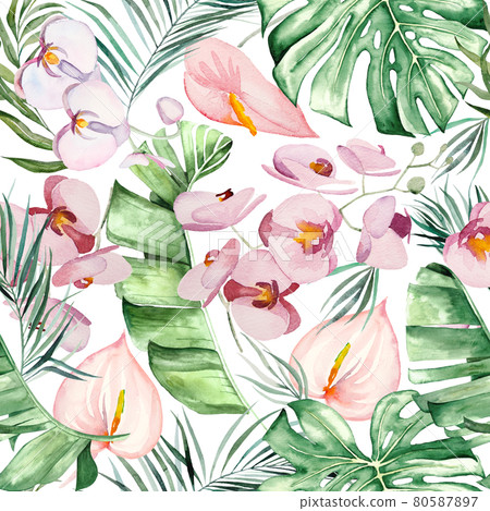 Watercolor tropical flowers and leaves bouquet seamless pattern illustration Watercolor tropical flowers and leaves bouquet seamless pattern illustration 80587897