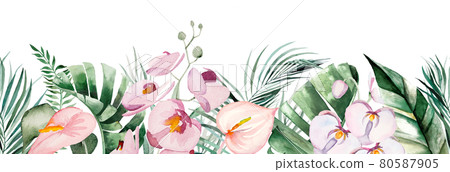 Watercolor tropical flowers and leaves bouquet illustration Watercolor tropical flowers and leaves bouquet illustration 80587905