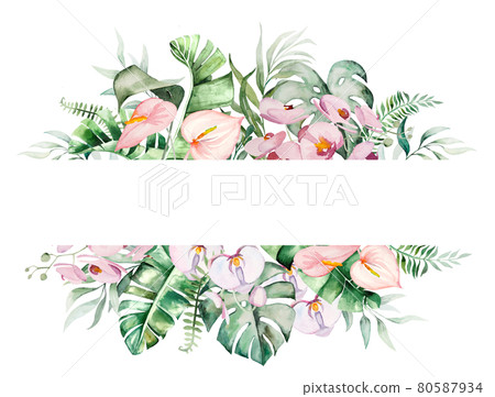 Watercolor tropical flowers and leaves frame illustration Watercolor tropical flowers and leaves frame illustration 80587934