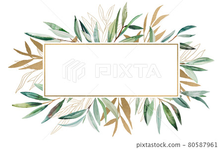 Watercolor Olive branch gold frame illustration 80587961