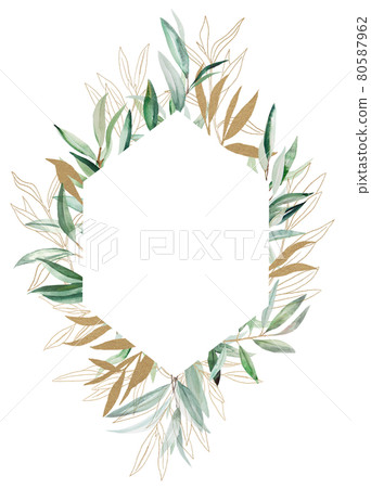 Watercolor Olive branch gold frame illustration 80587962