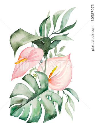 Watercolor tropical flowers and leaves bouquet illustration Watercolor tropical flowers and leaves bouquet illustration 80587973