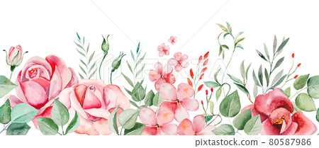Watercolor pink flowers and leaves seamless border illustration Watercolor pink flowers and leaves seamless border illustration 80587986