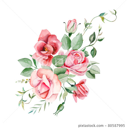 Watercolor pink flowers and leaves frame illustration 80587995