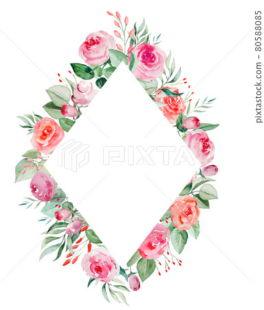 Watercolor pink and red roses flowers and leaves frame illustration 80588085