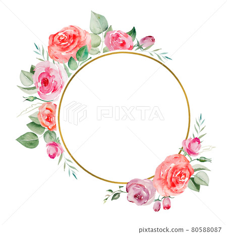 Watercolor pink and red roses flowers and leaves frame illustration 80588087