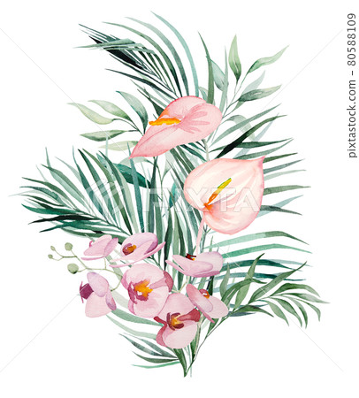 Watercolor tropical flowers and leaves bouquet... - Stock Illustration ...