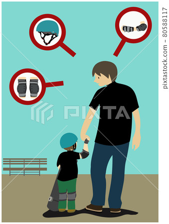 Illustration of a man teaching a child practicing skateboarding the importance of helmets and protectors Illustration of a man teaching a child practicing skateboarding the importance of helmets and protectors 80588117