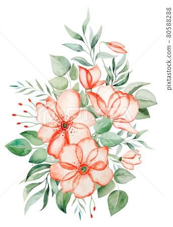 Watercolor pink flowers and green leaves bouquet illustration 80588288