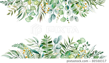 Watercolor botanical green leaves frame illustration 80588317