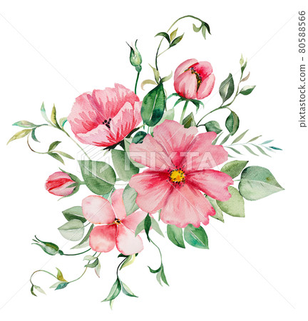 Watercolor pink flowers and green leaves... - Stock Illustration ...