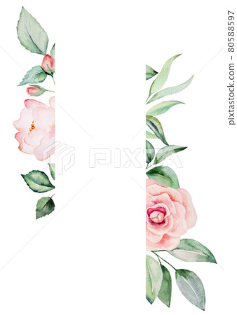 Watercolor pink flowers and green leaves card... - Stock Illustration ...