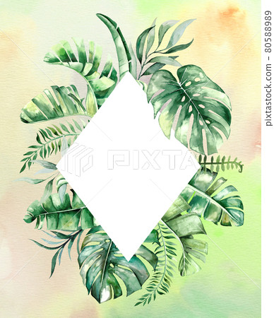 Watercolor tropical leaves frame illustration with watercolor background 80588989