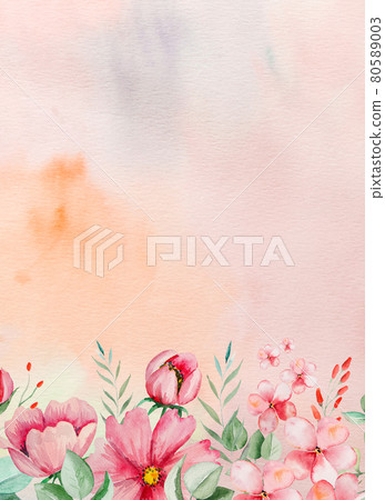 Watercolor pink flowers and green leaves card... - Stock Illustration ...
