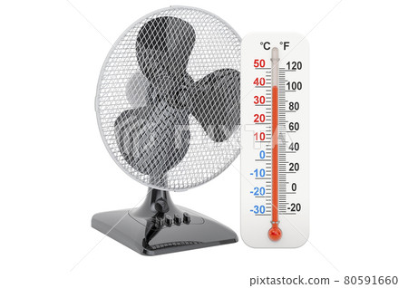 Table fan ventilator with thermometer, 3D rendering Table fan ventilator with thermometer, 3D rendering 80591660