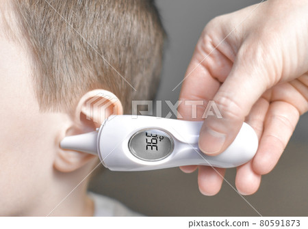 Gesture of temperature measurement with an ear thermometer. 80591873