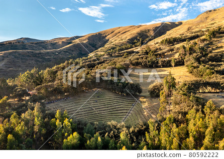 Incan terraces at Bosque Dorado near Huancayo, Peru 80592222
