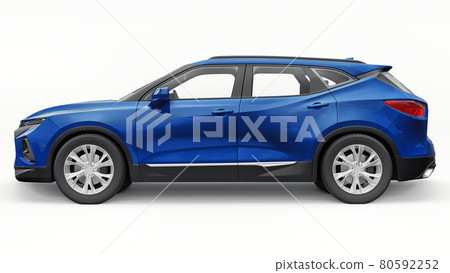 Blue ultra-modern SUV with a catchy expressive design for young people and families on a white isolated background. 3d illustration. Blue ultra-modern SUV with a catchy expressive design for young people and families on a white isolated background. 3d illustration. 80592252
