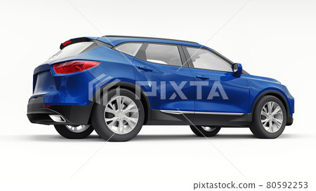 Blue ultra-modern SUV with a catchy expressive design for young people and families on a white isolated background. 3d illustration. Blue ultra-modern SUV with a catchy expressive design for young people and families on a white isolated background. 3d illustration. 80592253