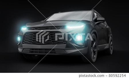 A black ultra-modern SUV with a catchy expressive design for young people and families on a black isolated background. Bright glowing headlights. 3d illustration. A black ultra-modern SUV with a catchy expressive design for young people and families on a black isolated background. Bright glowing headlights. 3d illustration. 80592254