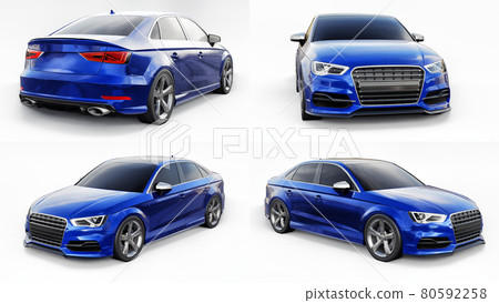 Set of Super fast sports car color blue metallic on a white background. Body shape sedan. Tuning is a version of an ordinary family car. 3d rendering. Set of Super fast sports car color blue metallic on a white background. Body shape sedan. Tuning is a version of an ordinary family car. 3d rendering. 80592258